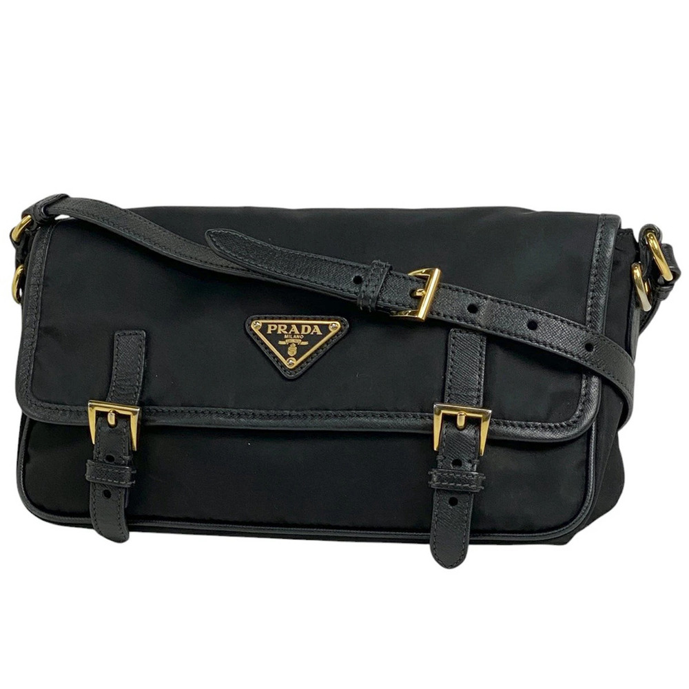 Prada Logo Plate Shoulder Bag Tessuto Nero Black